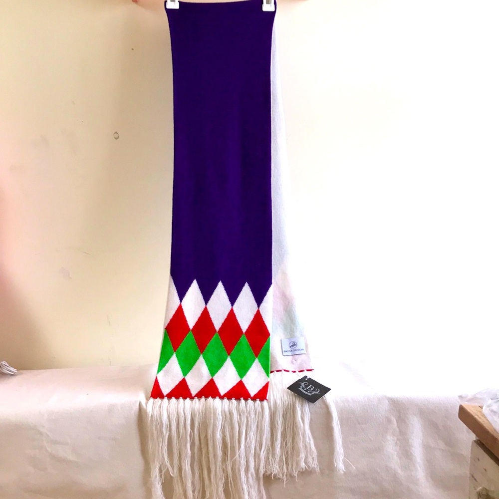 NWT Cashmere scarf Extra long rectangle Holiday red & green & purple & cream